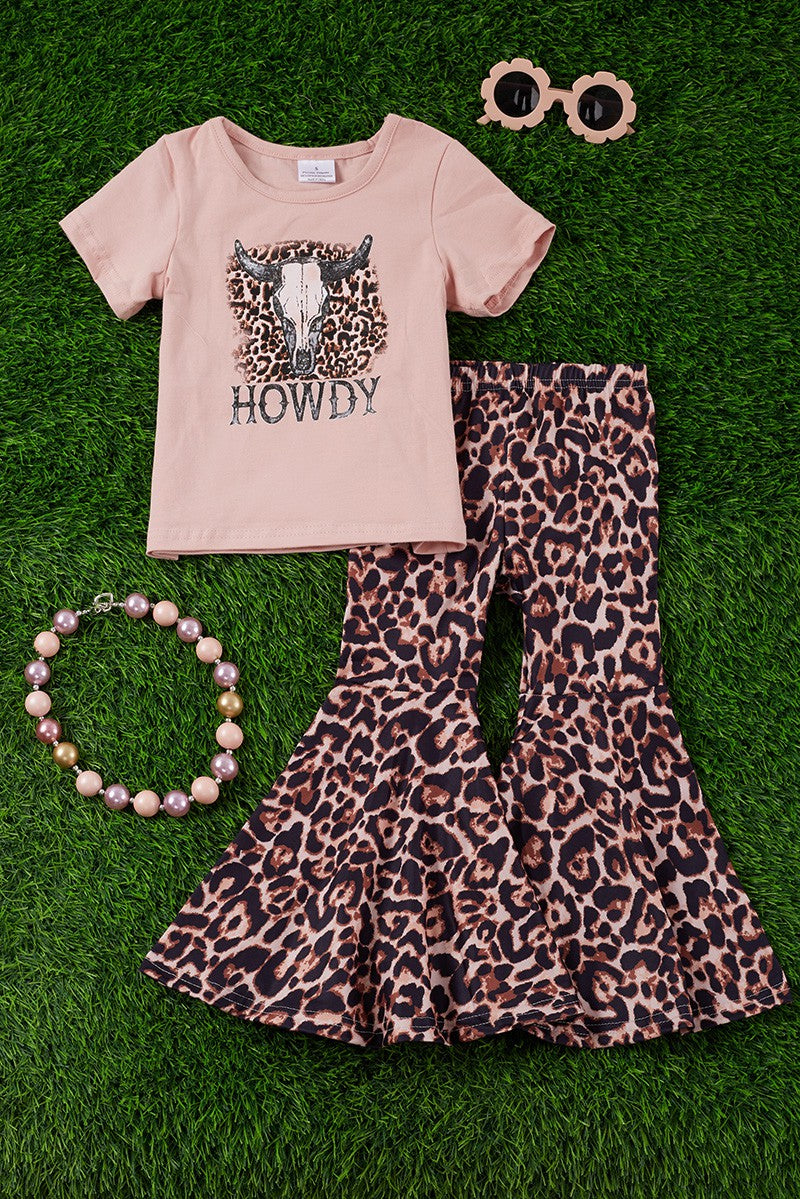 Kids “Howdy” Tee with Leopard Bell Bottoms baby to girls 10/12