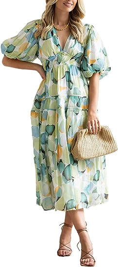 Boho V Neck Maxi Dress Smocked Long Flowy Dress