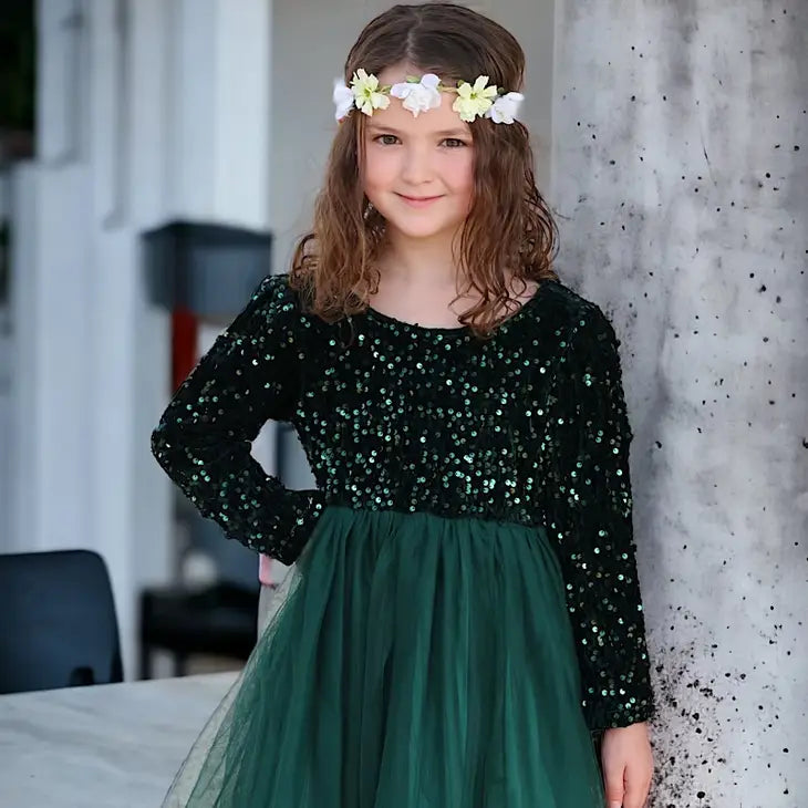white christmas dresses Kids Forest Green Sequins Dress With Tulle Skirt – Paisleigh's Corner  Boutique