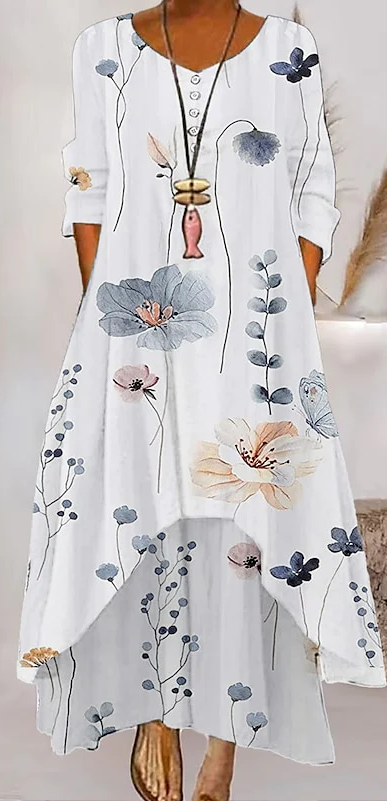 Fresh Plant Print V-Neck Maxi Dress